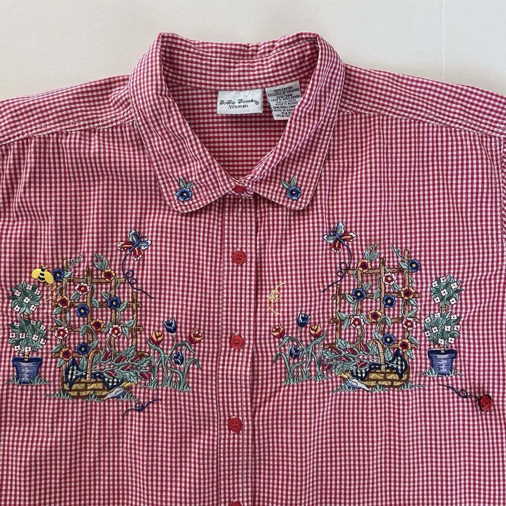 Vtg Bobbie Brooks Button Gingham Shirt Red Grandmacore Cottage Garden Sz 22/24